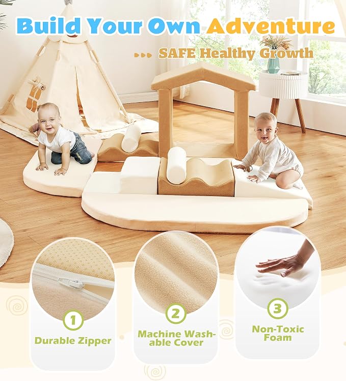 Elftopia 10-Piece Foam Climbing Blocks with Ramp & Stairs for Toddlers,Soft Play Gym Set,Foam Toddler Climbing Toys for Indoor Crawling,Sliding & Creative Play-Classic Color