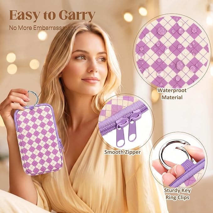 2 Pack Portable Tampon Holder Zippered Pouch with Snap Hook, Waterproof Travel-Friendly Discreet Period Bag, Feminine Products Organizer for Women Purse (Diamond（Purple+Blue)