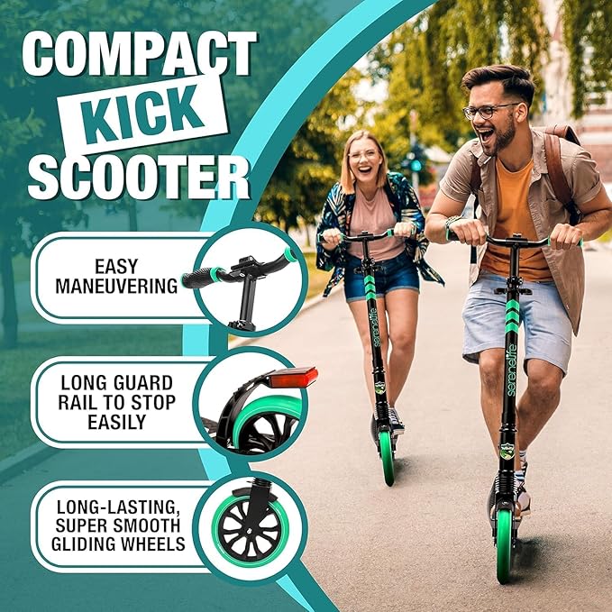 SereneLife Two Wheel Scooter for Teens, Smooth Gliding Kick Scooter for Adults w/Adjustable Height for Ages 8+, Portable All Terrain Scooter w/Carry Straps, Easy to Fold