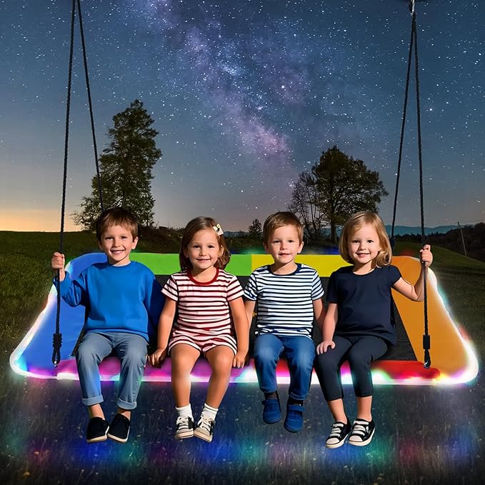 Hapfan 60 inch Platform Tree Swing with LED Light, Large Outdoor Swing for Kids and Adults, Waterproof 900D Oxford Fabric, 9.8 FT Hanging Straps (Rainbow)
