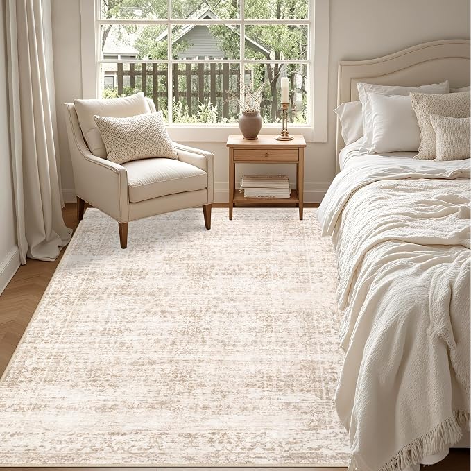6x9 Area Rugs Living Room Rug: Washable Vintage Boho Rug No Slip Stain Resistant Soft Carpet Indoor Floor Floral Large Carpets for Bedroom Dining Room Farmhouse Nursery Home Office Beige