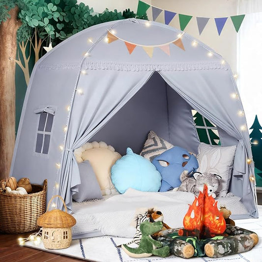 Sumbababy Large Teepee Tent for Kids: with Star Lights - Tent Indoor Kids Teepee Tent for Boys & Girls - Kids Play Tent Inside Canopy Bed for Playroom Gift Toys (Gray)