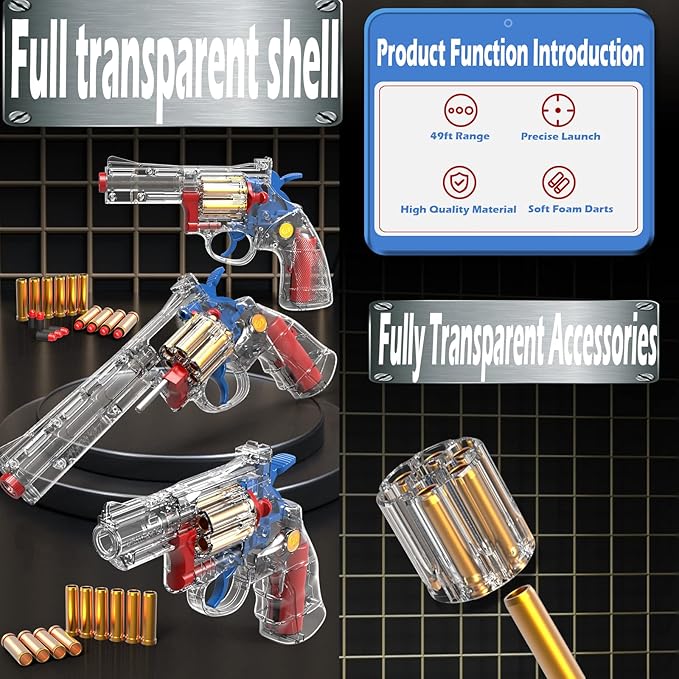 Clear Housing Toy Revolver Foam Blaster with Elite Soft Foam Darts for Nerf Guns Toys Gun Set for Kids Ages 5 6 7 8 Large