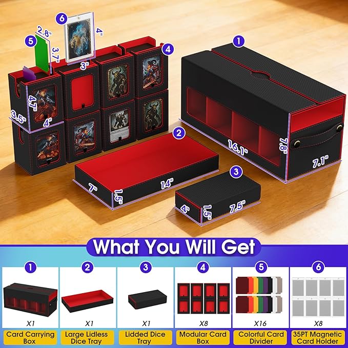 Cortile Commander Deck Box for MTG, 10 IN 1 Card Deck Box with 8-Deck Modular Card Case and 2 Dice Trays Holds 1040+ Double-sleeved Cards, Removable MTG Deck Box with Handle for TCG/EDH, Black Red