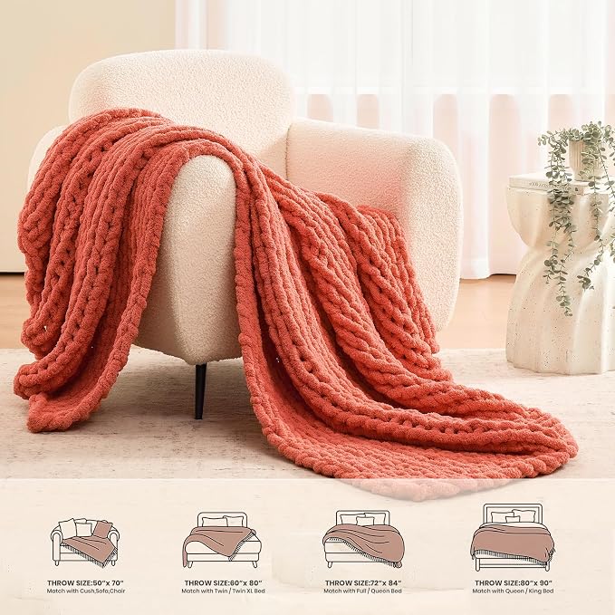 L'AGRATY Chunky Knit Throw Blanket for Couch, 60 x 80 Inches, Coral Pink | Handmade Chenille Crochet Blanket for Sofa Bed, Thick Cable Knitted Blankets for Room Home Decor, Birthday Gift for Women Mom