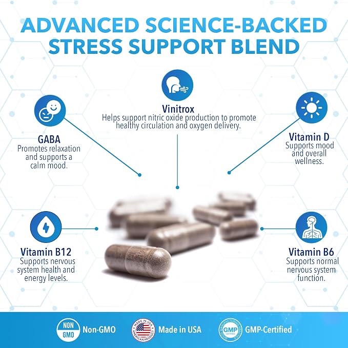 Real Science Neuro Calm All Natural Stress Support Supplement for Mood & Relaxation Includes Vinitrox & GABA for Daily Wellness & Nervous System Support Non Drowsy, Made in USA, 60 Capsules