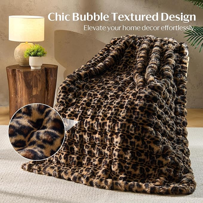 DOWNCOOL Faux Fur Throw Blanket for Couch, Ultra Soft Fluffy Fuzzy Plush Bubble Blanket for Sofa Bedroom Living Room, Cozy Warm Luxury Fleece Minky Blanket, 50x60 Inches Leopard Print