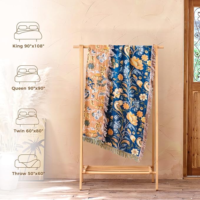 LUTBM Boho Throw Blanket for Couch 50"x60", Cotton Decorative Bed Throws | Blue Reversible Floral Birds Jacquard, All-Season Lightweight Soft Blankets, For Chair Sofa Bedroom Living Room, Home Decor