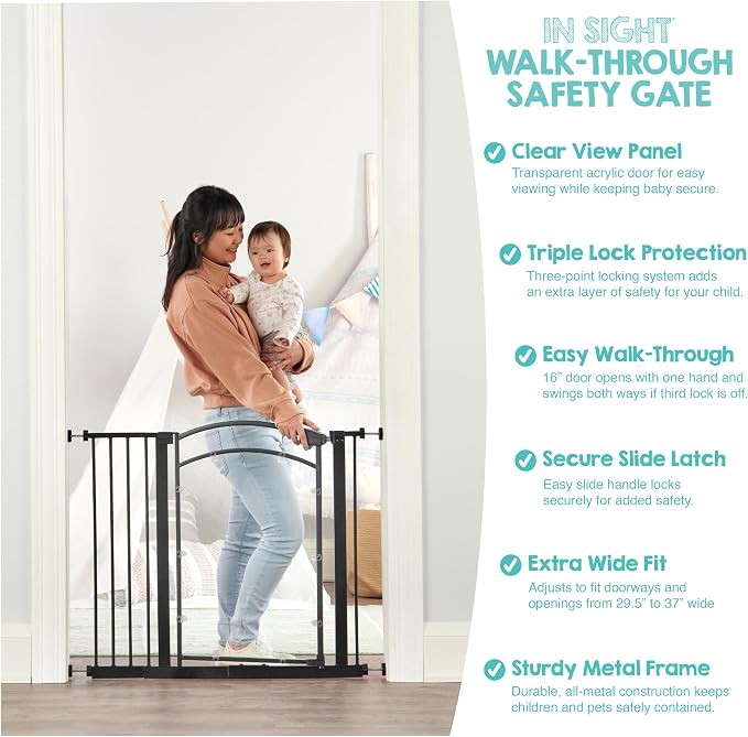 Regalo Safety 29.5–37” Clear Walk Through Baby Gate for Doorways & Bottom of Stairs, Pressure Mounted Baby Gate with Door for Toddlers & Pets, Tested & Trusted, American Designed, Family Owned
