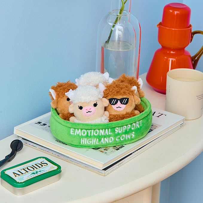 WHAT DO YOU MEME? Emotional Support Highland Cows by Relatable, Cuddly Stuffed Animals, Plushies, and Cute Stuff, Great Gift Ideas for Loved Ones of All Ages, Includes 5 Toys with Carrying Basket
