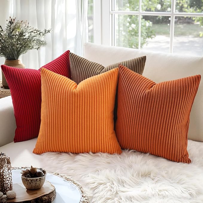MIULEE Soft Corduroy Throw Pillow Covers Set of 2 16x16 Christmas Red | Decorative Striped Textured Cushion Cases, Boho Energetic Vibe Pillowcases, Home Decor for Couch Chair Sofa Bed Living Room