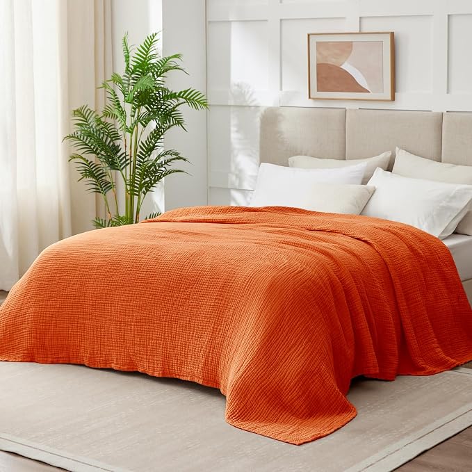 100% Cotton Muslin Blanket California King 120" x 90", 6 Layers Breathable and Lightweight Oversized Blankets for Bed, Soft Cooling Gauze Blanket for Adults All Season, Burnt Orange
