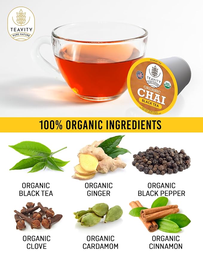 Organic Chai Black Tea Pods for Keurig Naturally Caffeinated by Teavity (24 Tea Pods)