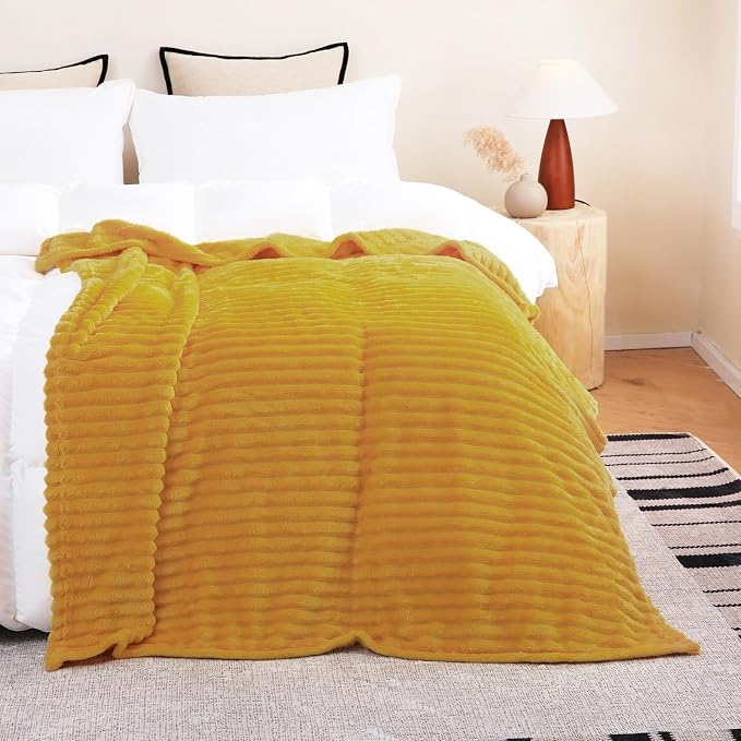 Mustard Yellow Fleece Throw Blanket 50”×60” for Couch Sofa Livingroom | Linecooo Super Soft Cozy Plush Microfiber Flannel Bed Blanket Striped Design Lightweight Home Decor Gifts for Adult Mom Women