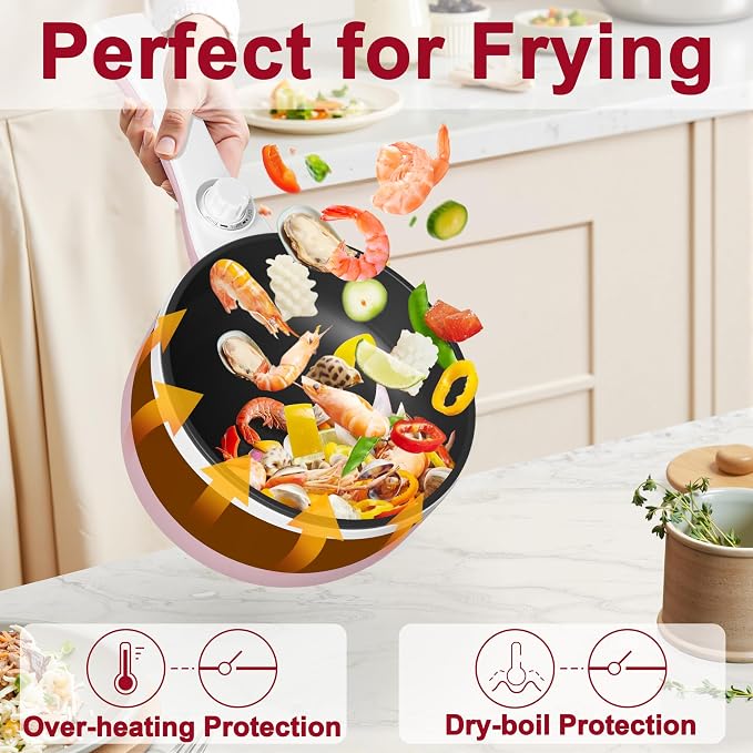 Dezin Electric Pot with Steamer, 1.5L Non-Stick Portable Hot Pot Electric | Dual Power, Upgraded 600W Electric Pot for Cooking Steak, Egg, Soup, Ramen Cooker for Dorm, Travel, RV, Office, Pink Pan