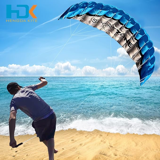 HENGDA KITE 2.5m Dual Line Stunt Parafoil Kites Soft Stunt Kite for Beach Blue with Flying Tool