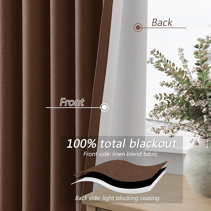 Guken 100% Blackout Curtains 120 Inch Length 2 Panels Set for Living Room Bedroom Back Tab Thermal Insulated Black Out Linen Drapes Room Darkening Window Curtains Rustic Brown 52x120