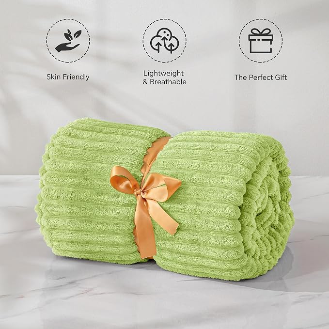 BEDELITE Ribbed Jacquard Cream Lime Fleece Twin Blanket for Bed, 60x80 Inch | Soft Warm Decorative Fluffy Blanket, Cozy Plush Lightweight Fuzzy Throw Blanket for Couch Sofa Room Decor, Gift for Women