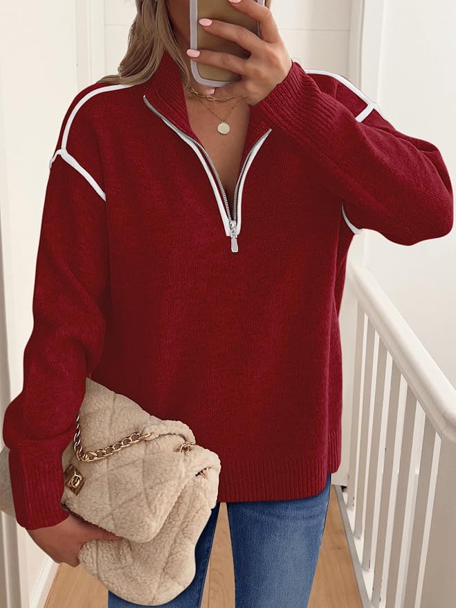 ANRABESS Womens Quarter Zip Sweaters Fall Long Sleeve V Neck Shirts Collared Business Casual Tops Knit Pullover Sweatshirts
