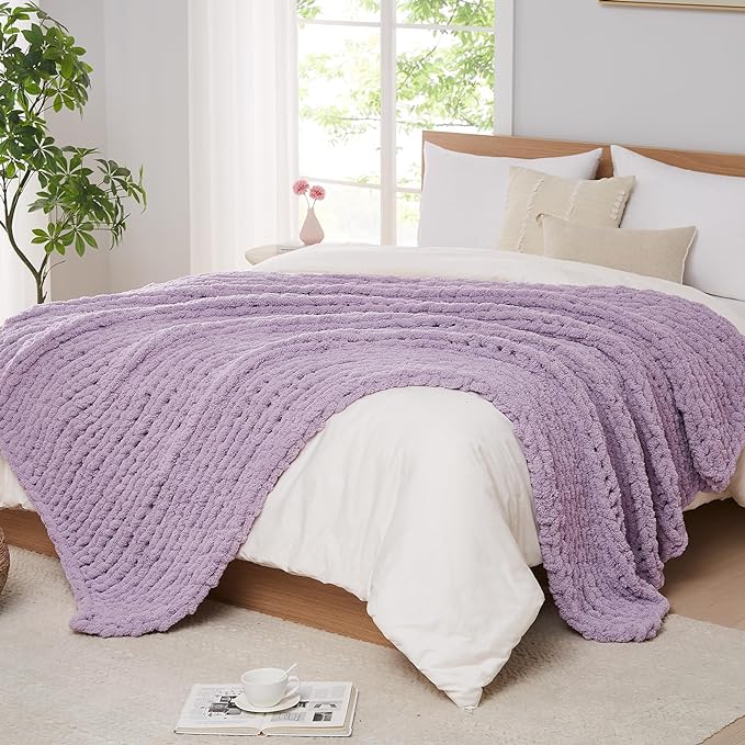 L'AGRATY Chunky Knit Throw Blanket for Couch, 60'' x 80'' Knit Throw, Purple