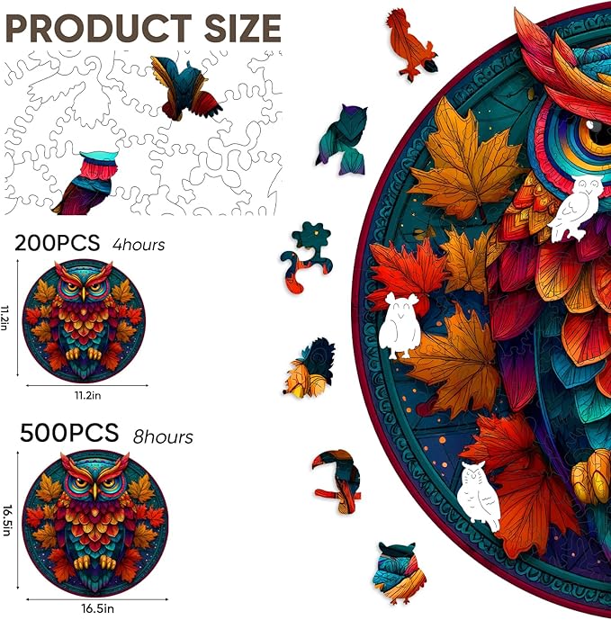 Mocfesk Wooden Puzzles for Adults, Colorful Owl Puzzles 500 Pieces, Unique Shaped Jigsaw Puzzles for Adults and Kids, Birthday Gifts Fun Challenge Family Game 16.5'' x 16.5''