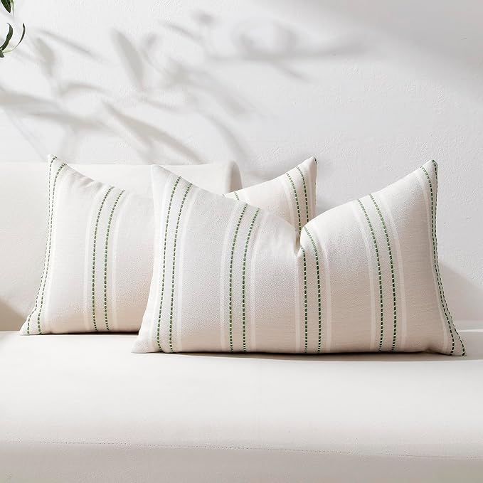 Hckot Striped Throw Pillow Covers 12x20 Set of 2 Grass Green Pillow Covers | Farmhouse Decorative Pillows Textured Linen Square Cushion Covers for Sofa Couch Bed Living Room Decor(Grass Green)