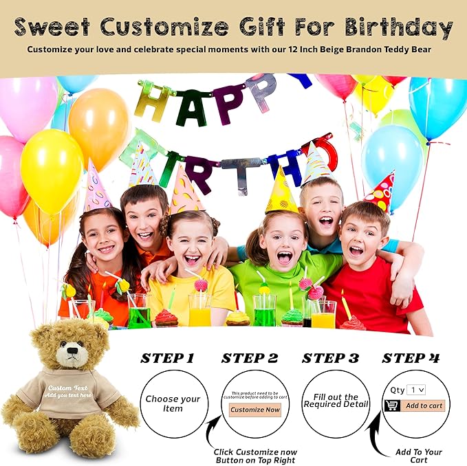 Customized Beige Brandon Bear - 12 inch Personalized Stuffed Bear Plush Toy - Perfect Custom Shirt Bear Gift for Graduation Valentines Graduation Easter Holidays (Tan Shirt)
