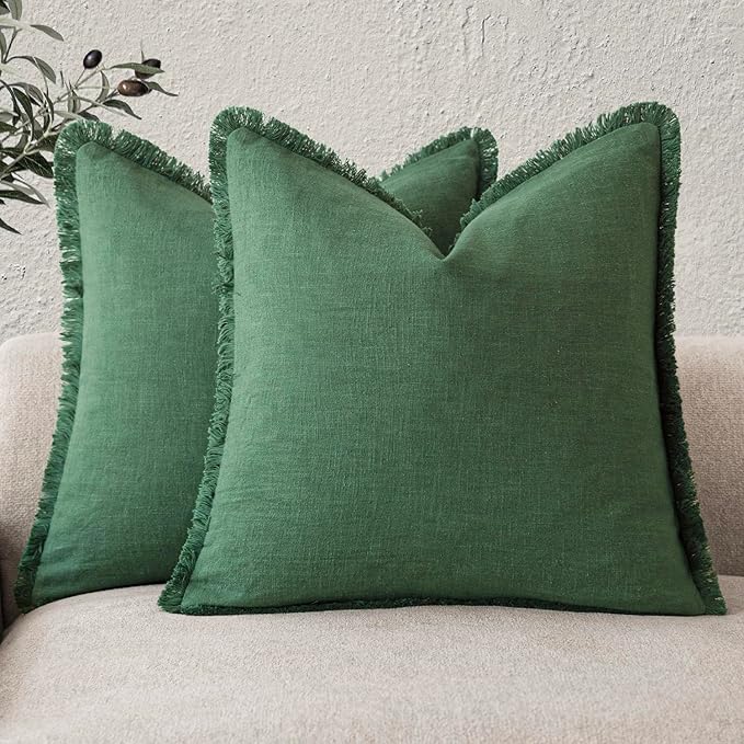 Foindtower Set of 2 Decorative Linen Fringe Throw Pillow Covers Cozy Boho Farmhouse Cushion Cover with Tassels Soft Accent Pillowcase for Couch Sofa Bed Living Room Home Decor, 16×16 Inch, Pine Green