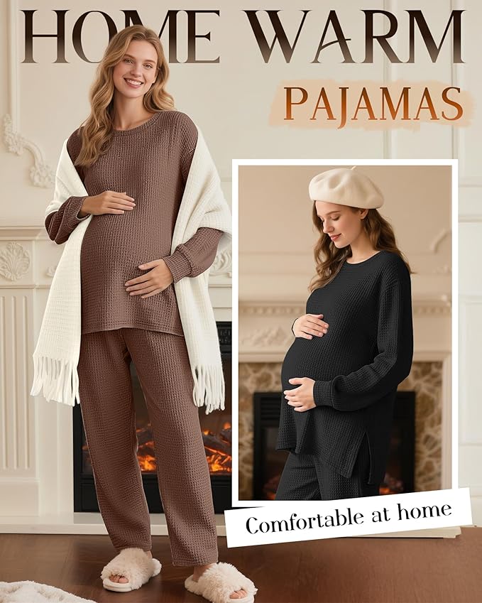 3 Pack Women's Maternity Shirts Long Sleeve Waffle Knit Side Split Oversized Tops Pregnancy Clothes Fall Tees