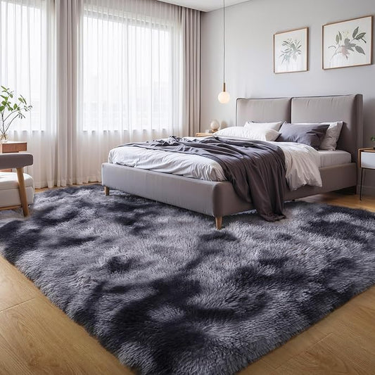6x9 Thick Tie-dye Dark Grey Shag Rug for Bedroom, Soft Plush Fluffy Carpet | Gray Area Rug for Living Room, Kids Nursery, Dorm Room, Washable Non Slip Soft Plush Shaggy Carpet