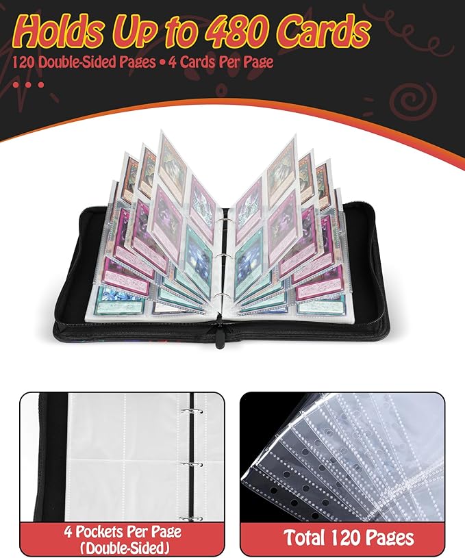 4-Pocket Trading Card Binder, 120 Pages Holds 480 Cards, PU Leather Side-Loading Card Album, Acid-Free Archival Sleeves, Durable Card Organizer for MTG, TCG and Sports Cards, Birthday & Christmas Gift