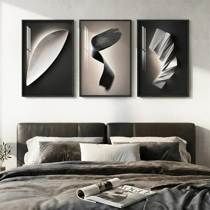 3 Piece Framed Modern Wall Art Sets, Abstract Black and White Line Geometric Decor Prints Paintings, Contemporary Luxury Artwork for Bedroom, Bathroom, Living Room and Office 16x24 Inch