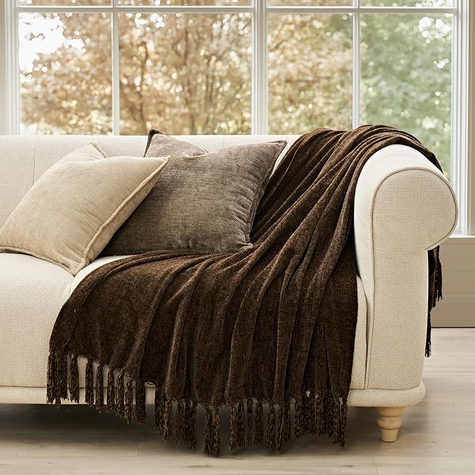 Chenille Knit Throw Blanket for Couch, 60"x80", Dark Brown | Cozy Plush Fuzzy Knittd Throw with Tassels, Lightweight, Decorative, Farmhouse Decor, Ideal for Bed Sofa Gift, All Seasons