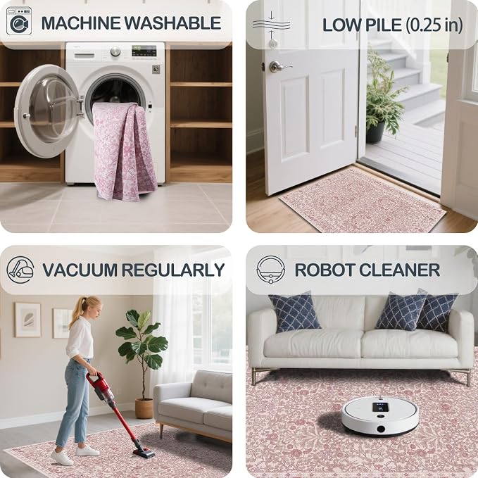 Washable 2' x 6' Runners for Hallways, Non Slip Long Floor Runner for Kitchen, Entryway Indoor, Stain Resistant Rubber Backing Floral Decor Rug (Pink)