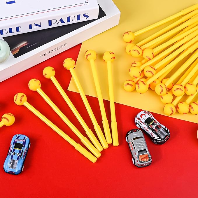 LiYiQ 100 Pcs Softball Party Favor Cartoon Cute Fun Pens for Kids Kawaii Softball Shape Gel Black Ink Pen Cute Softball Pens for School Office Home Student Kids Present