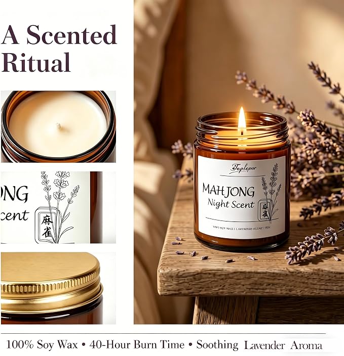 Lavender Candle - Soy Wax Stress Relief & Meditation, 45hr Soot-Free Burn Mahjong Night Scent Candle, 5.3oz