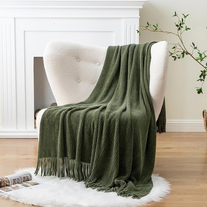 BATTILO HOME Olive Green Throw Blanket for Couch, 50"x60" | Soft Chenille Knit Throw Blanket with Tassels for Home Decor, Dark Green Throw for Couch Cover