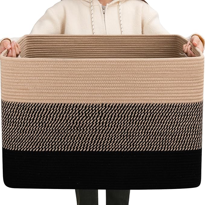 OIAHOMY 108L Super Large Blanket Basket, 25”x16”x16” Rectangle Woven Baskets for Storage, Cotton Rope Basket For Living Room, Toy Storage with Handle- Yellow and Black