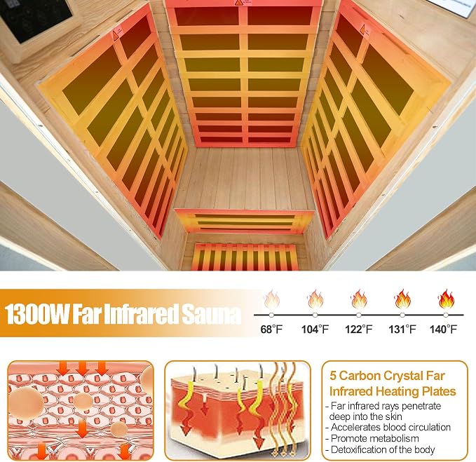 Far Infrared Sauna 1 Person Infrared Sauna Room Canadian Hemlock Wooden Sauna for Home, 1300W Low-EMF Indoor Saunas with Control Panel, Bluetooth Speakers, LED Reading Lamp, Tempered Glass Door