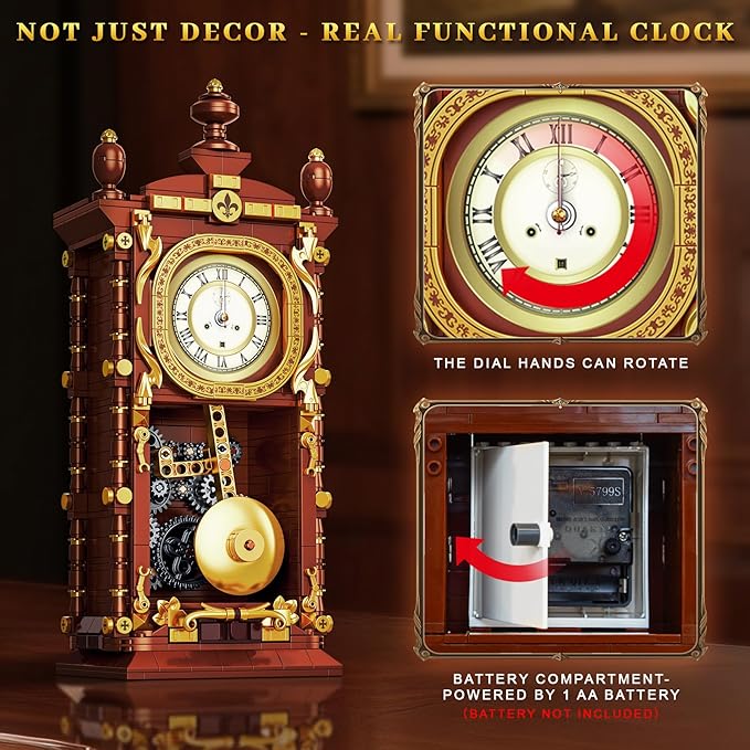 Vintage Retro Swing Clock Building Set, Pendulum Clocks Building Block Toys with Functional Mechanical Model Kit Compatible with Lego, Home Decor Gift for Adults Teens 14+ (751 PCS)