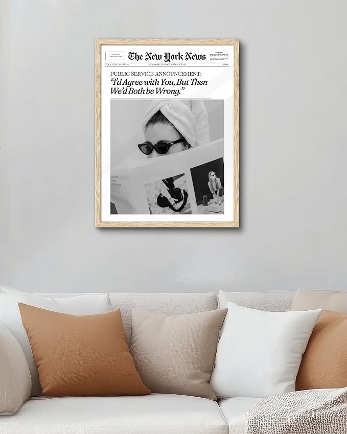 EcoHest 16x20 in Cool Girl Newspaper Framed Wall Art for Bedroom | Solid Oak Wood Frame, Canvas Wall Art, Girly Fashion Magazine Decor for Bedroom, Apartment, Dorm, College Room, 1Pack