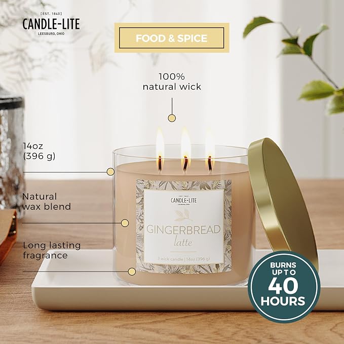 Candle-lite Holiday Scented Candles, Gingerbread Latte Fragrance, 14 oz 3-Wick Jar Candle, Proudly Poured in USA, Christmas Home Decor Candle, 40 Hours of Burn Time, Holiday Gift for Men and Women