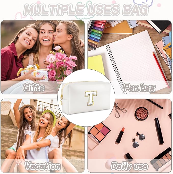 URSKYTOUS Gifts for Girls Initial Makeup Bag Personalized Cosmetic Bag with Zipper Cute Travel Toiletry Bags Waterproof PU Preppy Makeup Pouch Birthday Gift for Teen Girls Women(White T)
