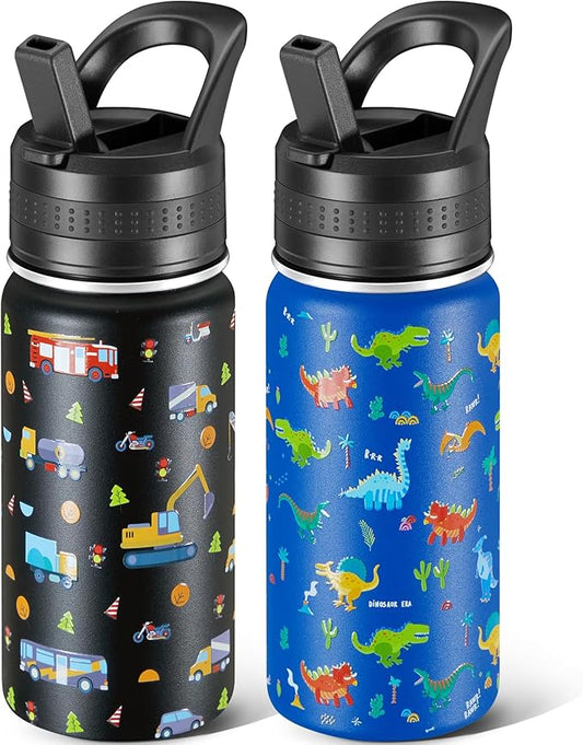 2 Pack Kids Water Bottle,14oz Stainless Steel Insulated Water Tumbler Leak-Proof,School Water Mug,Small and Portable,Suitable for Boys and Girls to Use(Black car + Blue dinosaur)