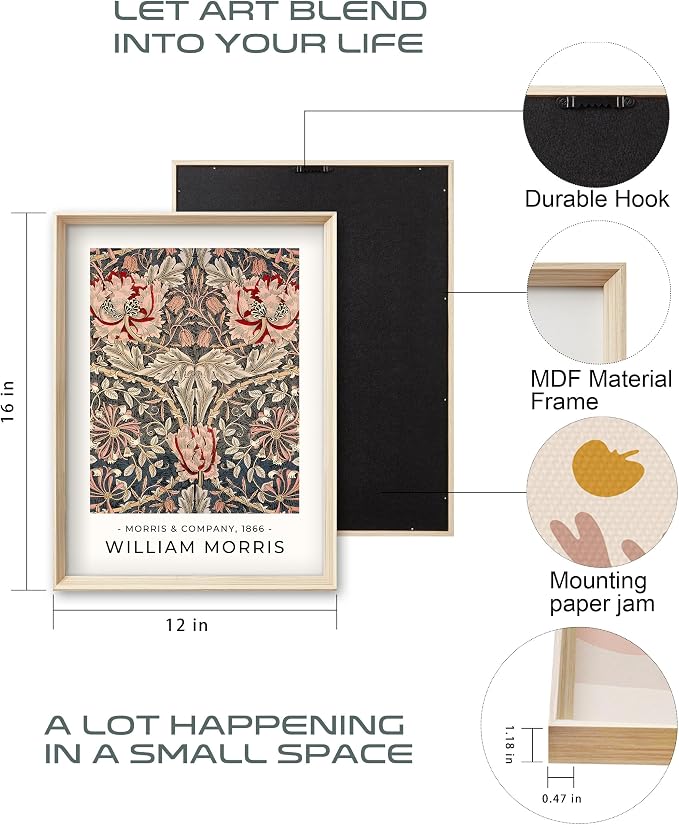 HesenDot William Morris Vintage Framed Wall Art, Floral Canvas Prints | 12x16IN Set of 3, High Framed Design Prints, Vintage Floral Pattern Wall Decor for Living Room Bedroom Bathroom