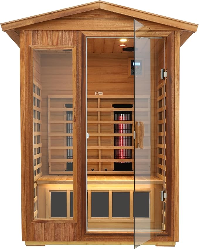 LTCCDSS Outdoor Ceramic Sauna 2 Person, Mahogany Far Infrared Sauna, Low EMF Sauna Room for Home,Withstand Outdoor Temp -10℉-149℉,Chromotherapys | Bluetooth Speakers