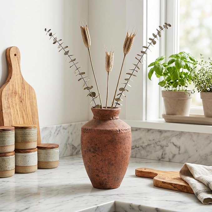 Terracotta Vase, 10 Inch Large Ceramic Flower Vases Rustic Farmhouse Pottery Vase for Home Decor Fireplace Entryway Kitchen Living Room Shelf Mantle Table Decor Brown