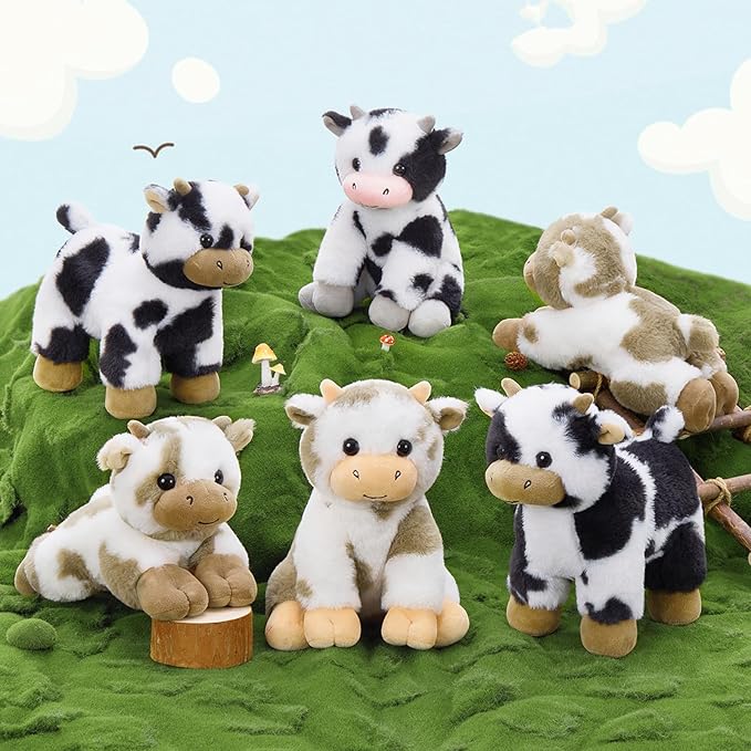 Tezituor 6 Pcs Large Cow Stuffed Animals Set, 10 Inch Stuffed Cow Plush Toy for Party Decoration, Cute Cow Plush Bulk for Boys Girls
