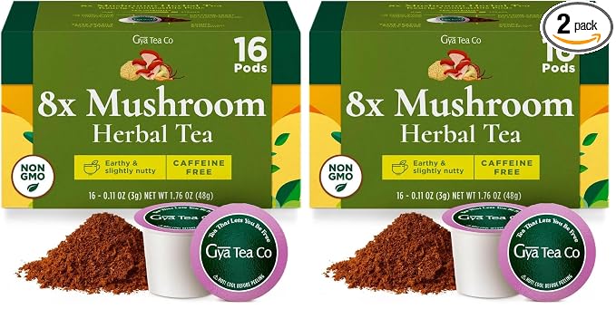 Gya Tea Co 8X Mushroom Herbal Tea Pod (16 Count)- Decaf Wellness Tea for Body Comfort & Relaxing (Pack of 2)