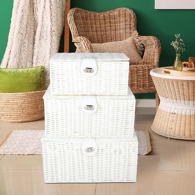 Honygebia White Wicker Storage Baskets - Set of 3 Decorative Nesting Boxes with Lids, Woven Basket with Lock & Handle, Organizer for Beauty Makeup Bathroom Decor